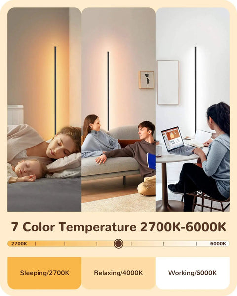 Set Of 2 Tall LED Corner Floor Lamps With Remote Dimmable 7 Color Temperatures From 2700K To 6000K in bedroom, living room, and office.