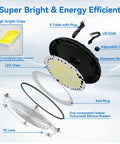 High Bay LED Light 200W 30000 Lumens Shop Lighting Two Color Temperature 4000K And 5000K IP65 Waterproof UL ETL Listed Non Dimmable 120V With 5 Foot US Plug Cable And Safety Rope Pack Of 10 shown with components and features
