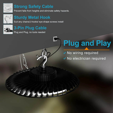 Ultra Bright LED Warehouse High Bay Light 300W UFO Shop Light 45000 Lumens, 100-277V, hanging with safety cable