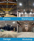 Installation examples of Ultra Bright LED Warehouse High Bay Light 300W UFO Shop Light 45000 Lumens in factory, warehouse, garage, workshop
