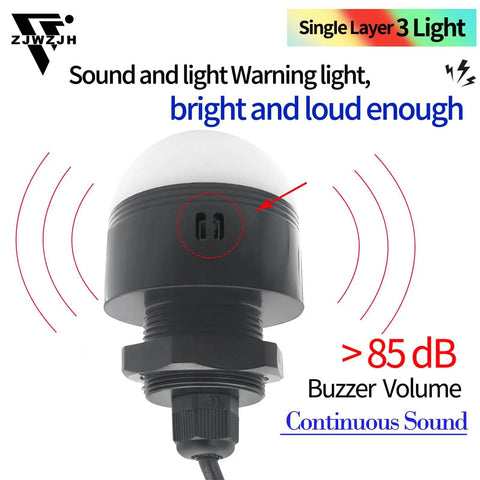 Side view of 24V LED Industrial Warning Light Tower Beacon With Red Yellow Green LEDs Waterproof Column Indicator Lamp Continuous Light 1 Layer 30mm Mount Easy Install Heavy Duty Industrial Grade Signal Light for Machinery and Plants with sound and light features.