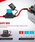 Image of water-resistant fuse holder with blade fuses alongside 12V battery for Dual Output LED Light Bar Wiring Harness Kit For 12V Systems On Off Power Relay 5 Pin Rocker Switch Blade Fuse Protection 12 Ft Extendable Harness Powers Two Light Heads Built For Jeeps Boats And Trucks 2 Year Warranty