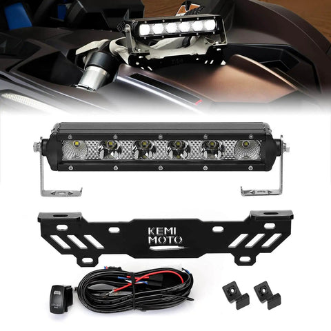 Beefy Bright 26W LED Shock Tower Light Bar with mount bracket and wiring harness for Can-Am Maverick X3 and X3 Max installation.