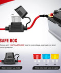 Close-up of Heavy Duty 14 AWG LED Light Bar Wiring Harness Kit components, including 25A fuse holder and water-resistant connector.