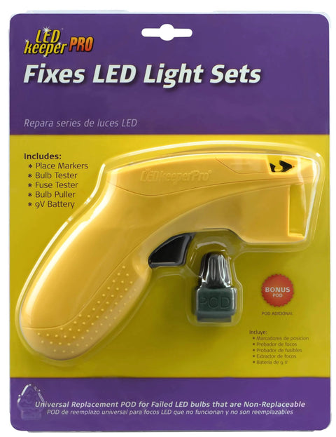 LightKeeper Pro & LED Keeper Pro Combo Pack blister packaging with yellow repair gun for fixing LED light sets.