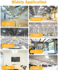 Image showing applications of Ultra Bright 210W LED Linear High Bay Light in gyms, warehouses, factories, workshops, barns, offices, and garages.