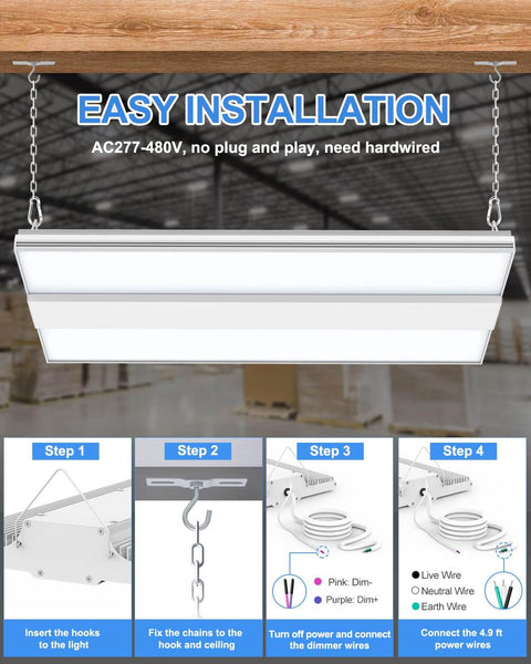 Installation guide for Seriously Bright 480V 300W LED Linear High Bay Light in warehouse with wiring steps shown.