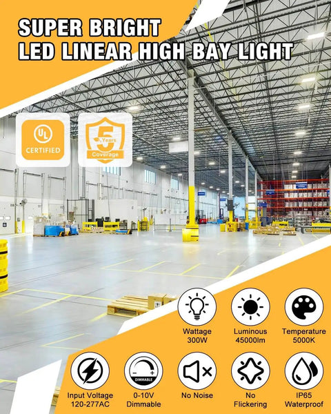 Ultra Bright 300W LED Linear High Bay Light Delivers 45000 Lumens With 150 Lm Per Watt 5000K Daylight Color Temperature in warehouse