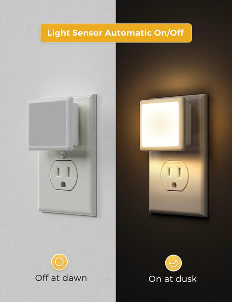 Led Night Light 2 Pack Plug In Wall Dusk To Dawn Auto On Off 3000K Soft White showing on at dusk and off at dawn feature