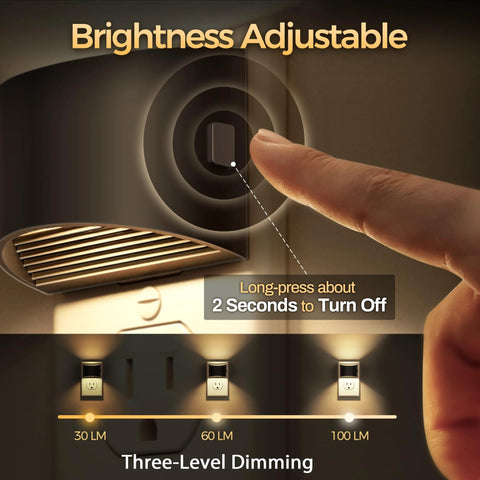 Close-up of a finger adjusting brightness on a Two Pack Led Night Light Plug In With Dusk To Dawn Sensor Three Level Brightness 30 60 100 Lum