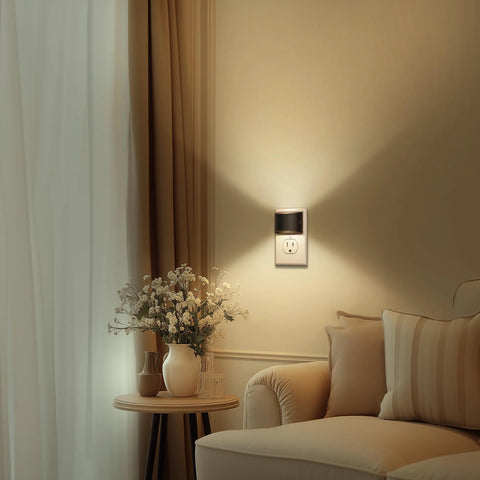 Room with Two Pack Led Night Light Plug In With Dusk To Dawn Sensor Three Level Brightness 30 60 100 Lum Warm White 3000K on wall