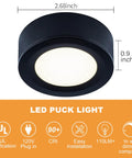 Wired LED Puck Lights For Cabinets 120V Plug In Lighting Warm White Surface Or Recess Mount Black Finish 2.7W Each