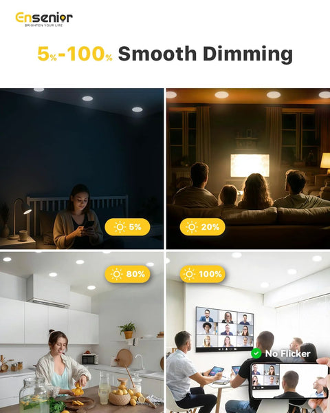 Six Pack 6-Inch LED Recessed Light Dimmable 2700K-5000K 5CCT 1200 Lm 12W 120V installed at different dimming levels