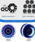 Light Up Roller Skate Wheels 8 Pack With 78A Hardness And Premium ABEC-9 Bearings, featuring LED illumination, shown in front and side views.