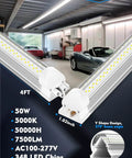 Six Pack 50W 4Ft LED Shop Lights With 7500 Lumens 5000K V Shape Lighting installed in garage workshop.