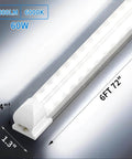 Close-up view of a 6 ft LED shop light, 60W, part of Pack Of 4 Linkable LED Shop Lights For Garage And Basement 6 Foot Long 60W T8 Integrated Ceiling Light With Double Row V Shape Beam 270 Degree Coverage 6000K Daylight 8000 Lumen Clear Lens Plug And Play No Fuss