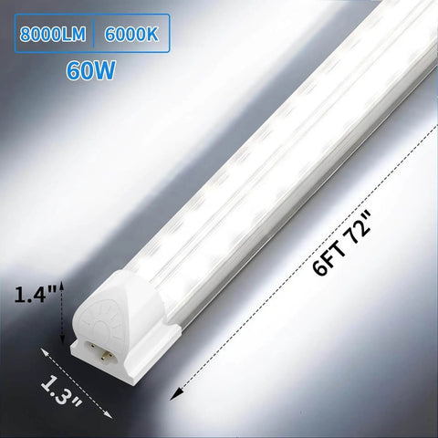 Close-up view of a 6 ft LED shop light, 60W, part of Pack Of 4 Linkable LED Shop Lights For Garage And Basement 6 Foot Long 60W T8 Integrated Ceiling Light With Double Row V Shape Beam 270 Degree Coverage 6000K Daylight 8000 Lumen Clear Lens Plug And Play No Fuss