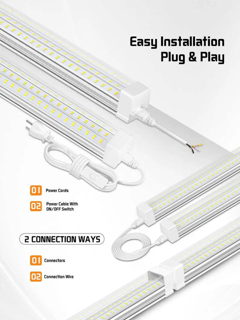 Ultra Bright 8 Foot LED Shop Light Fixture Kit With 100W Power 15000 Lumens 5000K Daylight For Garage Workshop And Warehouse Hang or Surface Mount V Shape Four Row Design OnlyLux 10 Pack