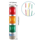 Front view of Industrial Signal Light Tower LED Indicator LTA-502T Baomain, showing three-color tiers with dimensions and wiring details.