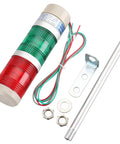 Industrial Signal Light Tower LED LTA 502T Round Indicator with red and green continuous light, DC 24V, 2W, mounting bracket included.