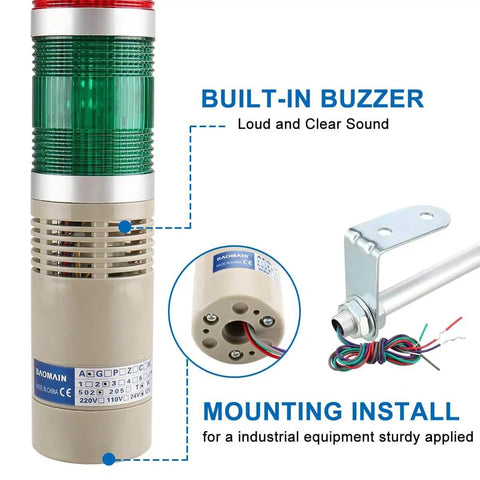 Industrial Signal Light Tower LED Indicator With Red Green Yellow Lights LTA 502 LED Buzzer Flash Alarm Light Round Warning Light DC 12V 2W Metal And Plastic Construction Includes Mounting Bracket For Industrial Use