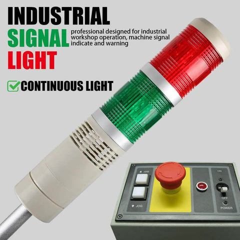 Industrial Signal Tower LED Alarm With Flash Indicator And Built In Buzzer 2 Layer Stack Light Red And Green Beacons displayed with control panel