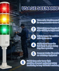 Industrial LED Andon Tower Lights Four Stack Signal Tower With Red Yellow Green LEDs IP65 Plug And Play Factory Ready For Use Wide Voltage Range And 360 Degree Visibility installed in workshop environment