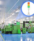Industrial 3 Layer LED Signal Tower With Rotatable Base And Buzzer Alarm Msiud, 12 To 24V DC, shown in production line setting