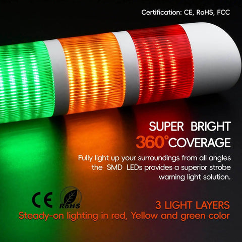 3 Layer LED Signal Tower Light With Rotatable Base And 85dB Buzzer, Industrial Warning Lamp, 24V DC And AC Red Yellow Green