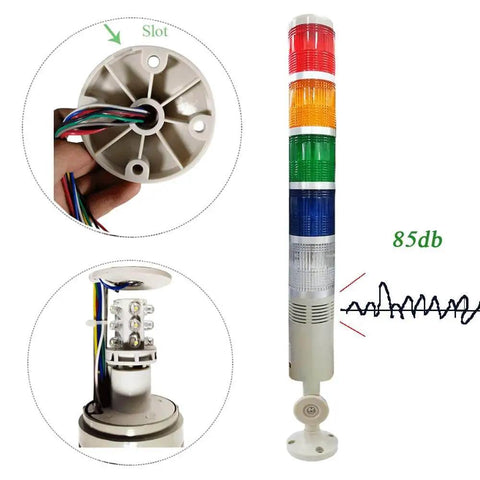 Five Stack LED Signal Tower Light With 85dB Buzzer And 180 Degree Rotatable Base For CNC And Factory Automation, 24V DC Industrial Warning Light Featuring Red Yellow Green Blue White LEDs, YJINGRUI.