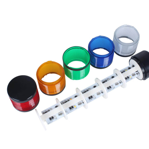 Industrial LED Signal Tower Stack Light modules displayed with rotatable base, showing five separate color layers for status alerts.