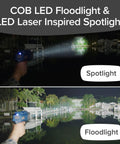As Seen On TV Mega Bright Rechargeable Spotlight With 10 Modes demonstrating spotlight and floodlight modes at night near water.