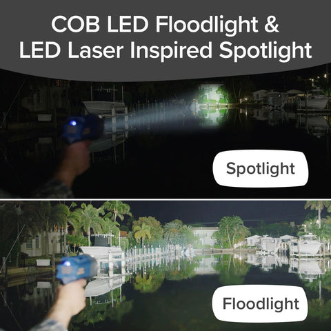 As Seen On TV Mega Bright Rechargeable Spotlight With 10 Modes demonstrating spotlight and floodlight modes at night near water.