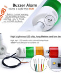 3 Layer LED Signal Tower Light With Rotatable Base And 85dB Buzzer, Industrial Warning Lamp, 24V DC And AC Red Yellow Green Three Color Stack Light with close-up details.