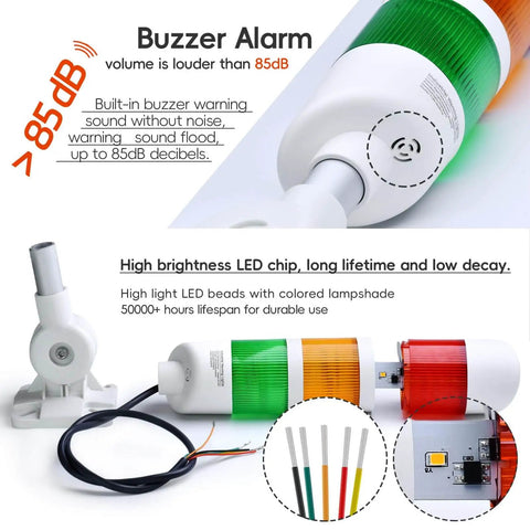 3 Layer LED Signal Tower Light With Rotatable Base And 85dB Buzzer, Industrial Warning Lamp, 24V DC And AC Red Yellow Green Three Color Stack Light with close-up details.