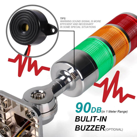 Close-up of 12-24V LED Stack Tower Light Kit with 3 layer column signal and built-in buzzer, showing multi-color segments and wiring.