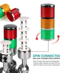 110V To 220V LED Stack Tower Light With Buzzer Industrial Warning Light Andon Light Column Signal Tower Indicator Beacon Continuous Or Flashing Mode 1 Layer Prism Cut PC Lampshade High Brightness Low Power 100000 Hour Lifespan, showing three-tier design and spin connection details with disassembled view.