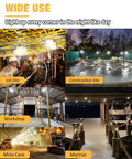 Various job sites illuminated by Ultra Bright 100ft LED Construction String Lights, 130W 16,000 Lumens for construction jobs