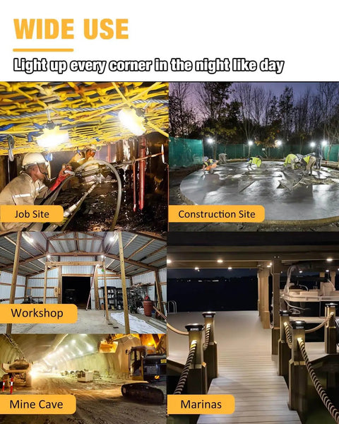Various job sites illuminated by Ultra Bright 100ft LED Construction String Lights, 130W 16,000 Lumens for construction jobs