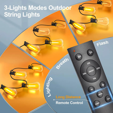 Brighten patios and yards with 100 ft weatherproof LED string lights, 37 ST38 bulbs, a warm 2700K glow, remote dimming control