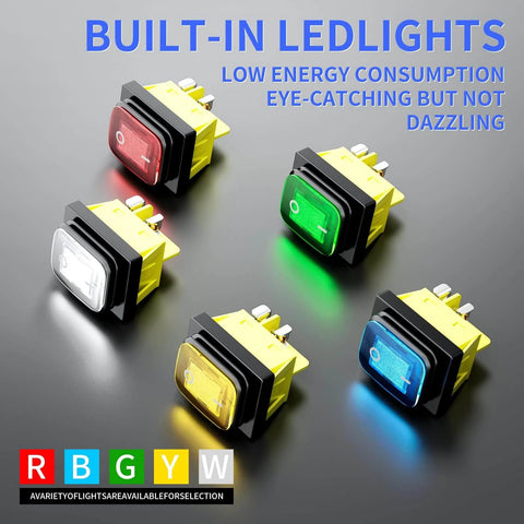 Five LED toggle switches in red, green, blue, yellow, and white for IP65 Waterproof Dual Light Switch Box Built To Endure Outdoors.