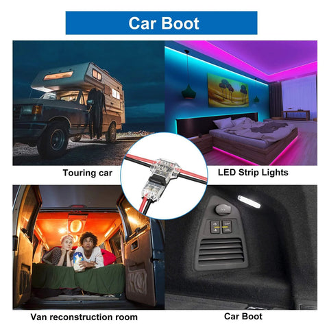 Car boot with 65.6ft 22 AWG LED Extension Cable With 12 Piece 3 Way T Tap Wire Connectors for low voltage LED strip lighting