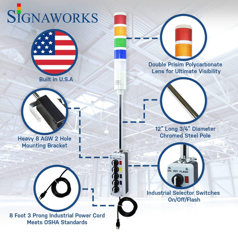 Five Stack LED Andon Tower Light With 8 Foot Industrial Power Cord And Three Position On Off Flash Red Amber Green Blue White LEDs Plug And Play Ready Indoor Industrial Grade OSHA Compliant Includes Switch Box Pole And Lights