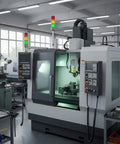 Industrial machine with Three Stack LED Andon Tower Signal Light for industrial workstations, red yellow green lights visible