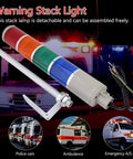 4 Layer LED Tower Light Industrial Warning Signal With Holder Red Green Yellow Blue Indicators For Factory Automation 110V AC 20W Energy Efficient ABS Housing Heavy Duty Detachable Design on display with police and ambulance vehicles in the background.