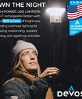 Outdoor LED Tripod Lantern With 1200 Lumens Adjustable 9 Foot Height Grab And Go Camping Light For Hiking Backyard And Emergencies Long Battery Life Rugged Aluminum Build Easy Setup shown being used by a person.