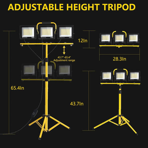 Ultra Bright 32000 Lumen LED Work Light On Tripod For Jobsite And Workshop With 3x100W Three Head Floodlights 120V Plug In