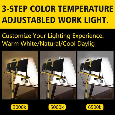 Ultra Bright 32000 Lumen LED Work Light On Tripod For Jobsite And Workshop With 3x100W Three Head Floodlights 120V Plug In