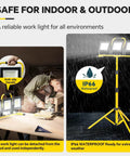 21000 Lumen Ultra Bright LED Work Light With Stand for Job Site and Outdoor Use Boss Level 3 Head Adjustable Tripod in use