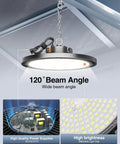 Crazy Bright 250W UFO LED High Bay Light 35000LM 5000K Eight Pack Shop Lighting with 5ft Cable Hanging Hook shown installed